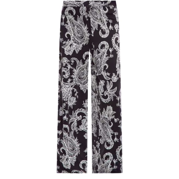 Pants - Black/white paisley print full stretch wide leg pants w/comfort waistband